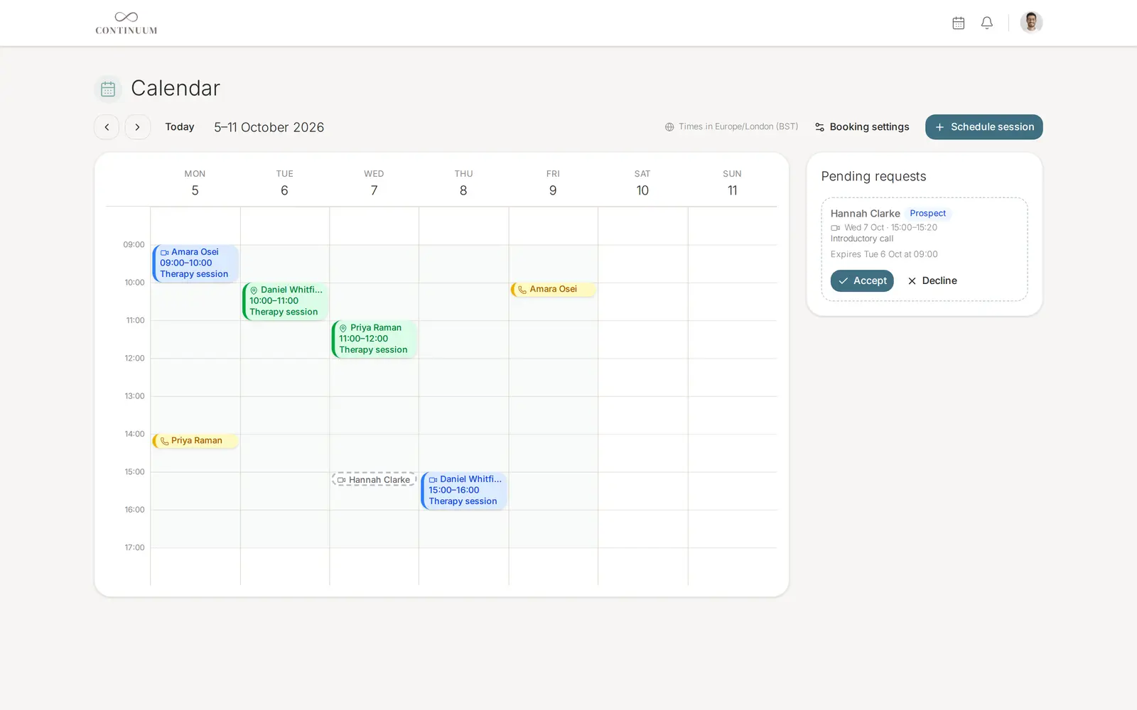 A practitioner's week in the Continuum calendar: video, in-person and phone sessions inside their shaded working hours, and a request from someone who booked through their public page, waiting to be accepted.